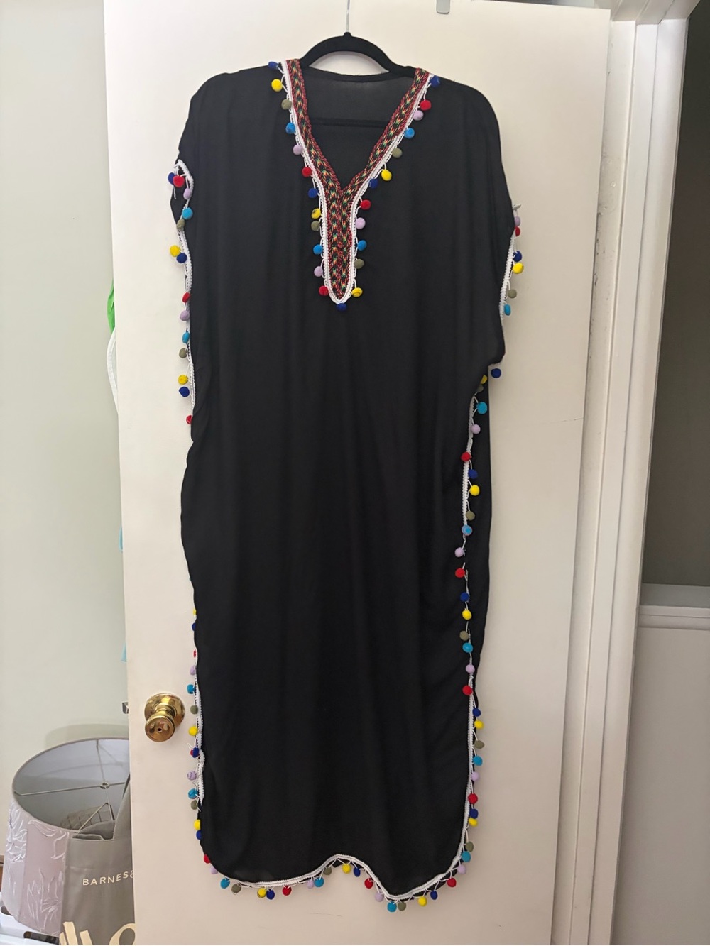 Black Pom-Pom V-Neck Caftan Dress